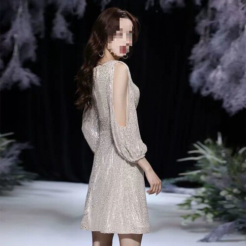 Small evening dress dress for women's new style celebrity sequins light luxury temperament banquet host dress texture