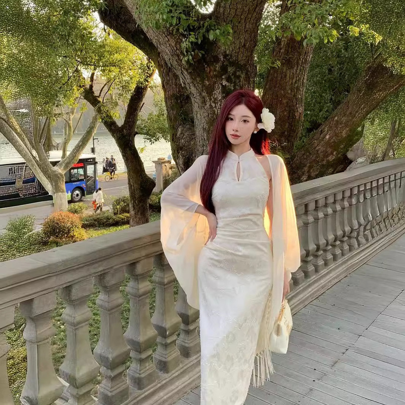 Summer New Chinoiserie Improved Cheongsam Dress Elegant Skirt Women's 2025 Autum New White Long Skirt