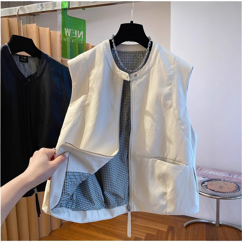 South Korea Dongdaemun White Pu Leather Vest Jacket Women's Spring and Autum 2025 New Loose Leather Jacket Top