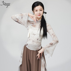 中國風古典舞蹈身韻練功服新款女飄逸演出服裝旗袍領印花網紗上衣