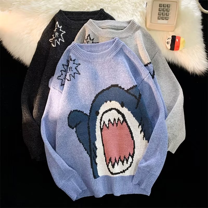 Cartoon sweater couple wear trendy ins Hong Kong style cute shark sweater men's spring and autumn Korean style loose sweater Cartoon sweater couple wear trendy ins Hong Kong style cute shark sweater men's spring and autumn Korean style loose sweater