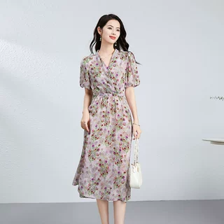 真丝连衣裙女气质女装轻奢风深圳南油高品质桑蚕丝高级感碎花长裙