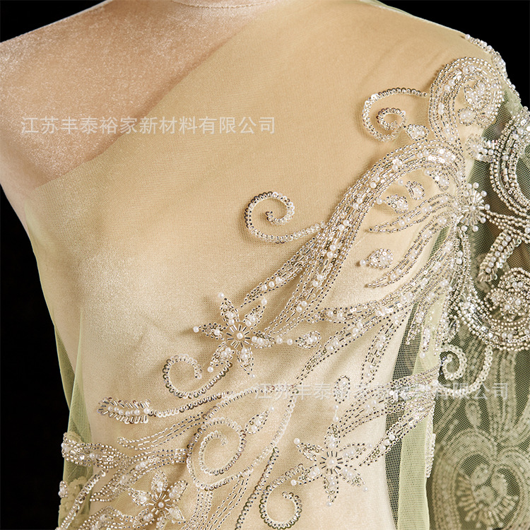 Tejido de malla beige de alta calidad flor sequinilla flor tela de malla bordada tela de boda de alta gama