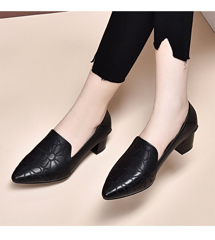 Giày nữ da bò mềm đế mềm gót vuông 5 cm phong cách retro — Gót giữa KAKI 5cm chi tiết 5