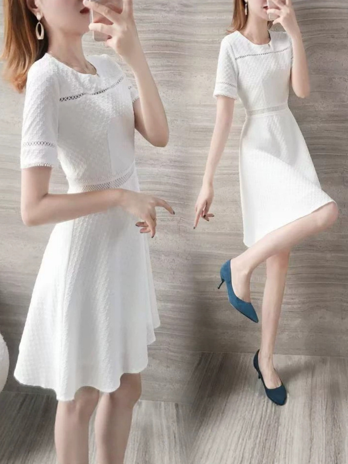 Đầm suông midi trắng tay ngắn cổ tròn phong cách đơn giản thanh lịch — trắng