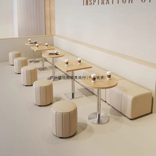 靠墙卡座沙发奶茶店咖啡厅奶油原木风长条凳甜品蛋糕店商场休息凳