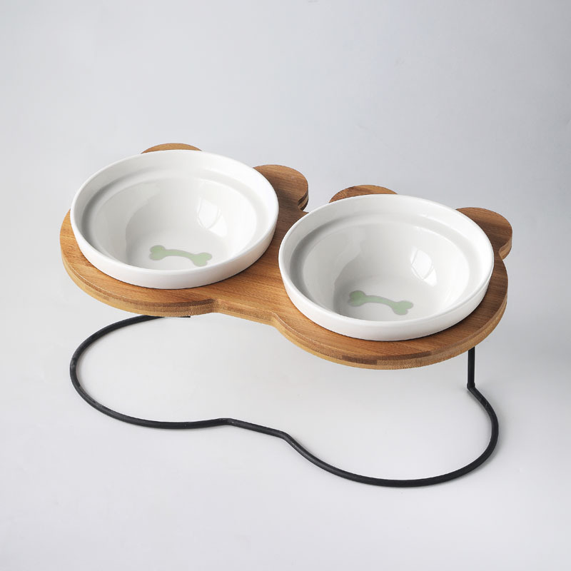 Pet Bowl Ceramic Bowl Wooden Stand Double Bowl Cat Bowl Double Bowl Double Food Bowl Tall Bowl with Stand Water Bowl Slant Mouth Bowl Cat Food Bowl