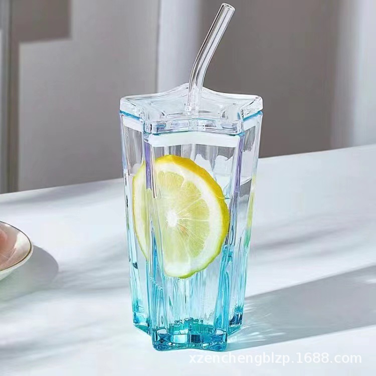 Vasos de paja al por mayor, vasos de vidrio con forma de estrella de cinco puntas, vasos degradados de colores, vasos para bebidas frías con tapas, tazas de café, regalos para mujeres