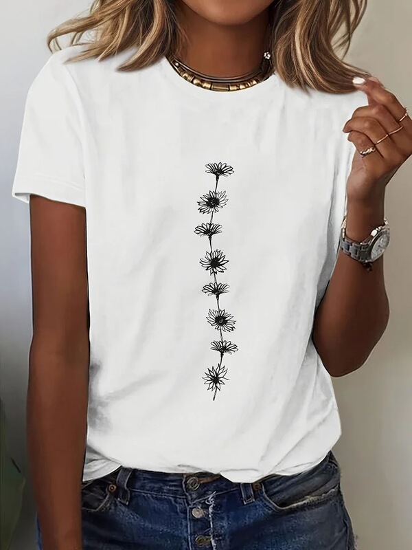 Perfect Summer Casual Wear: Sunflower Pattern T-Shirt for Women, Casual Sunflower Print T-Shirt