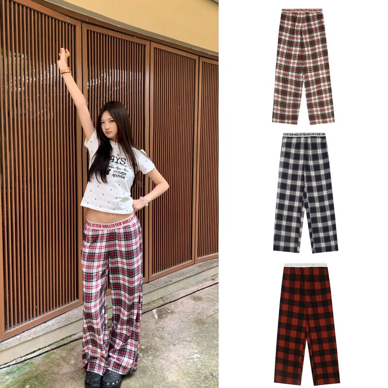 Korean Trend Hollister Plaid Letter Web Casual Pants Multi-Color Korean Versatile Loose Basic Women's