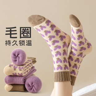 Socks women's winter fleece-lined thick warm tube socks purple love sleep floor month terry stockings wholesale
