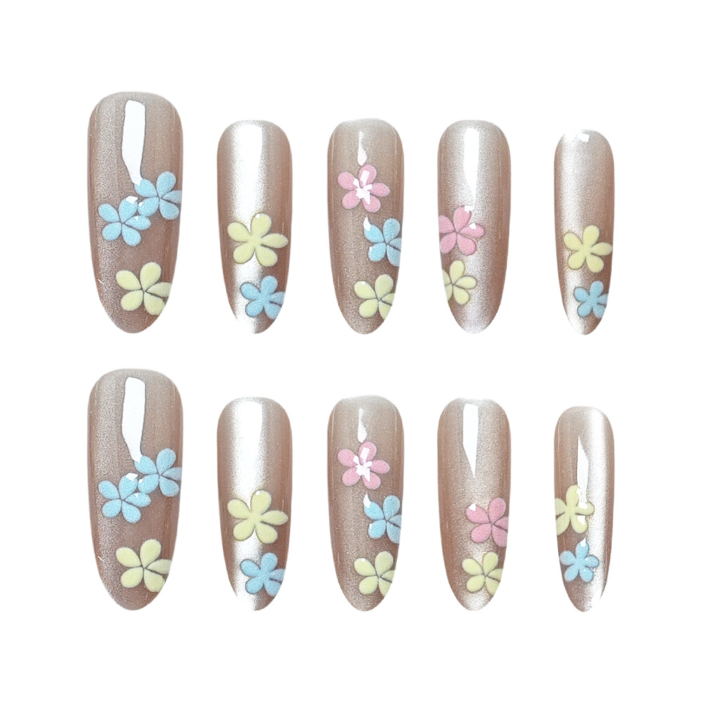 Coloridas flores pequeñas, ojos de gato, uñas de vestir, 10 piezas, polvo claro, uñas de uñas hechas a mano, diseño en relieve, uñas simples