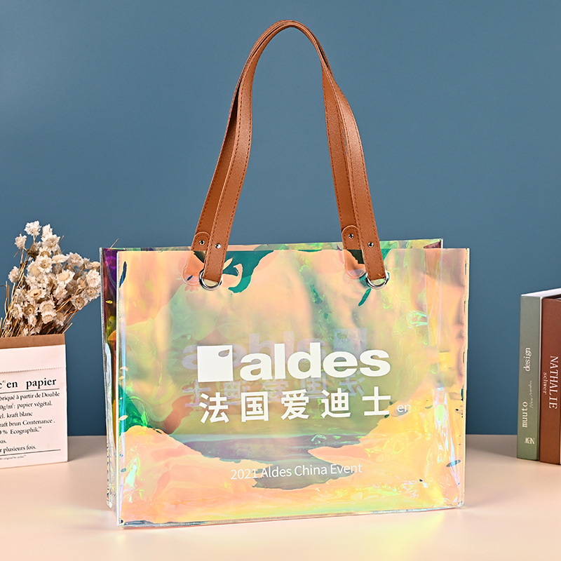 pvc镭射手提袋定 制皮革手提塑料网红礼品袋子 化妆品广告购物袋