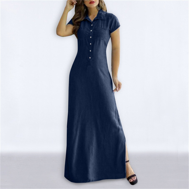 2023 European and American Cross-border New Long Dress Shirt Collar Split Pocket Large Dress Large Size Casual Denim Dress