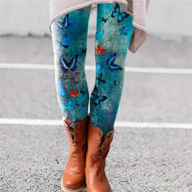 跨境外贸 2025亚马逊速卖通wish欧美定位印花松紧显瘦打底裤子 女