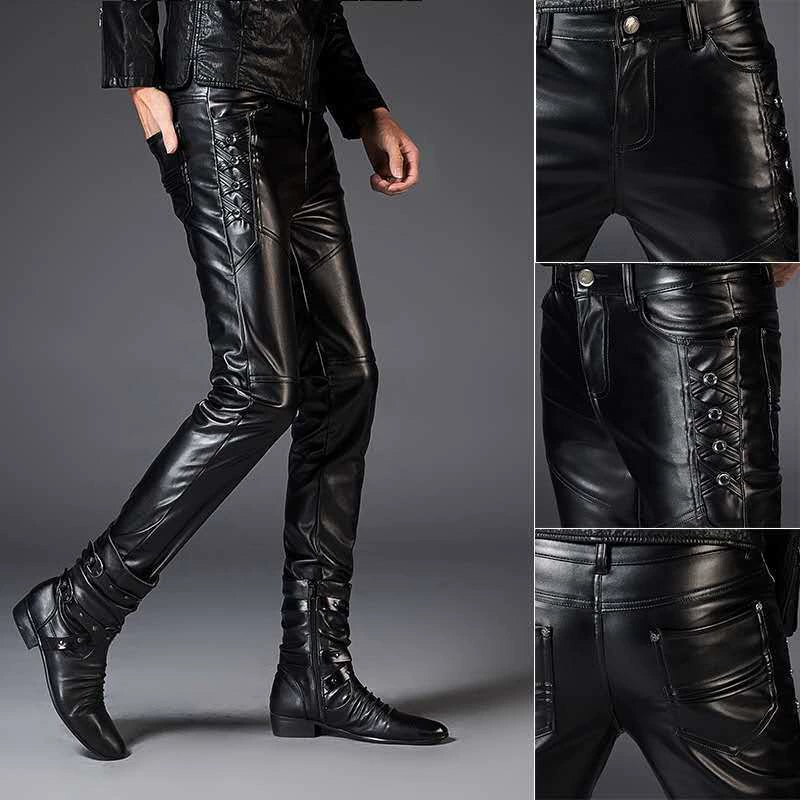 Мужские полиуретановые брюки slim‑fit в европейском стиле, чёрные (Y558/Y167/Y150), талия 28–38"
