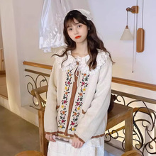 森系复古手工花朵刺绣针织毛衣开衫宽松小清新百搭秋冬外套十三行