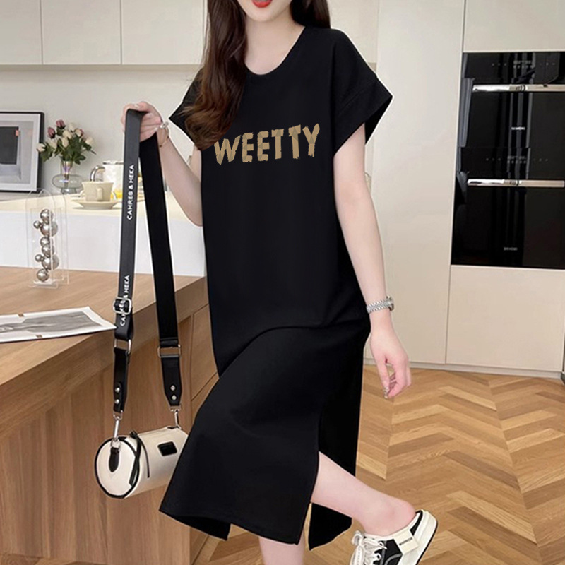 Korean Short-Sleeved Women's New Retro Heart T-Shirt Top Summer Loose Slimming Look Mid-Length Over-The-Knee Dress
