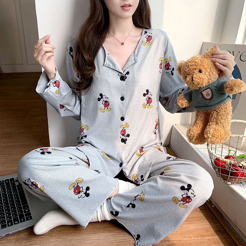 2025 산후복 미키(재고 있음) 가슴 패드가 있는 브이넥 봄, 여름, 가을 임산부 산후 잠옷 및 수유복 세트