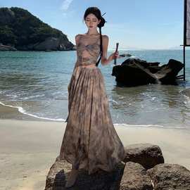 复古高级感两件套扎染吊带背心上衣女夏季新款高腰字半身裙套装