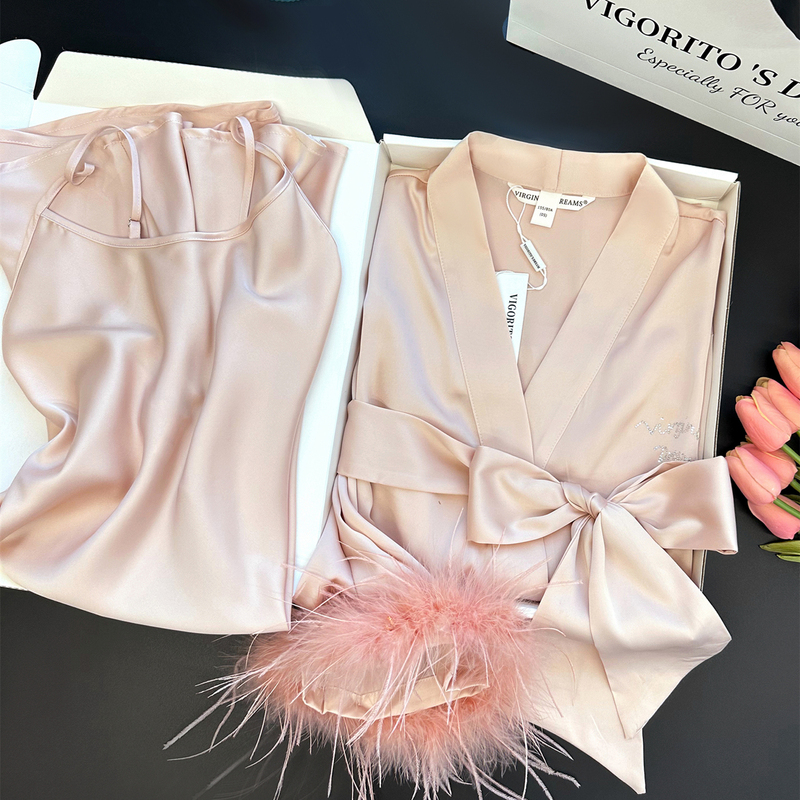 Spring and Autumn ostrich fur sleeve sling silk nightgown Ice Silk sexy nightdress home wear pajamas women gift box