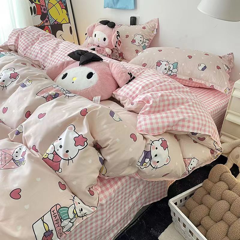 ins卡通猫咪少女心粉色四件套可爱床上用品格子床单宿舍3件套被套