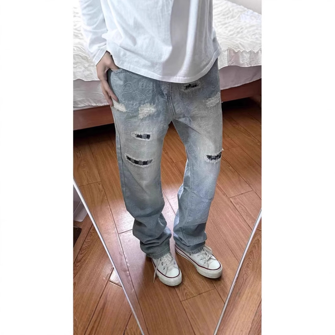 欧美高街vibe复古腰果花牛仔裤男女破洞补丁小众设计感显瘦炸街裤