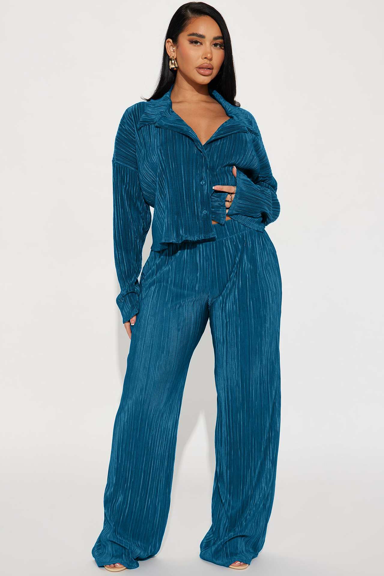 Women Clothing Autumn Winter Short Top Long Sleeve Pleated Sexy Casual sets