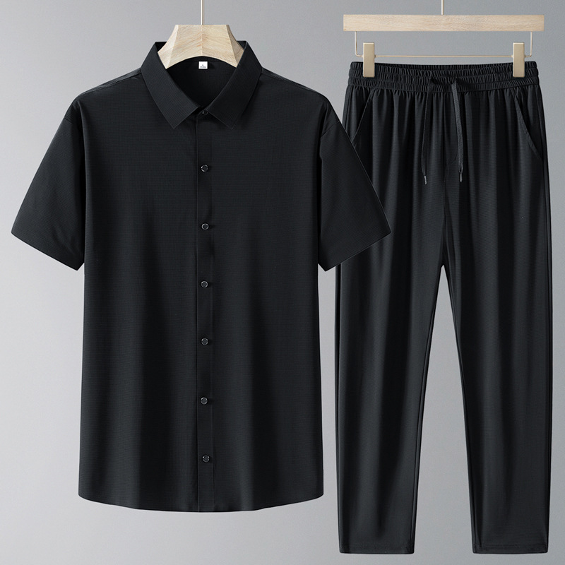 Nuevo traje de verano para hombre, seda de hielo para hombre, ropa de mangas cortas para hombre, camisa de verano para adultos mayores.