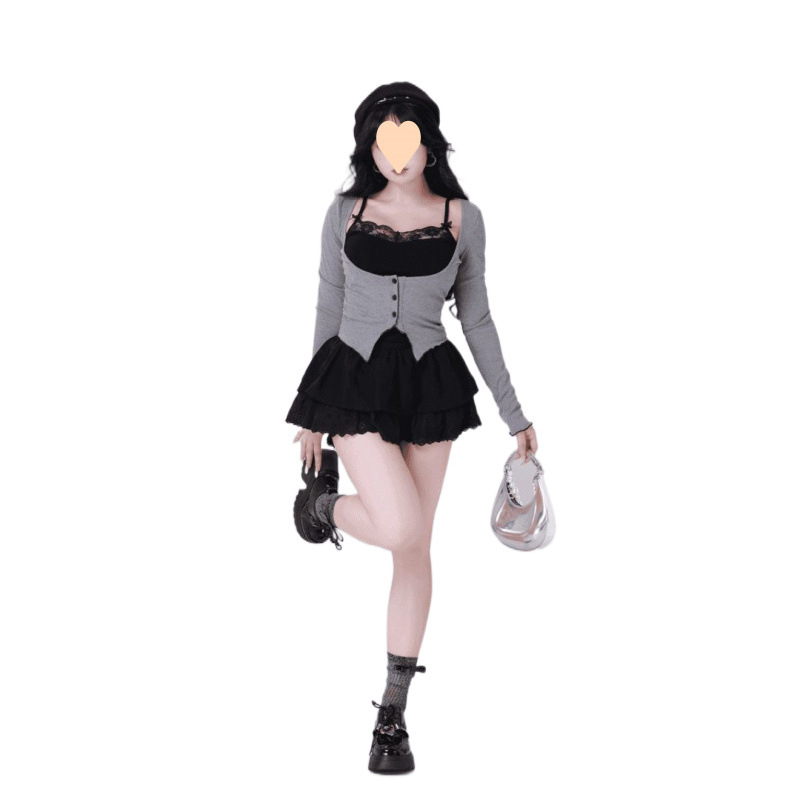 조심 기계 가짜 2 피스 긴팔 니트 카디건 여성의 봄 여름과 가을 스파이스 걸스 새로운 재킷 순수한 욕망 탑 짧은 치마 세트