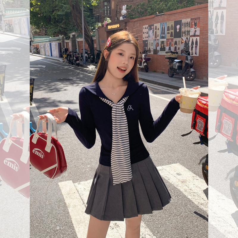 Navy Style Navy Blue Shawl Strap Two-Piece Inner T-Shirt for Women Autum Korean Style Slim Versatile Long-Sleeved Top for Women