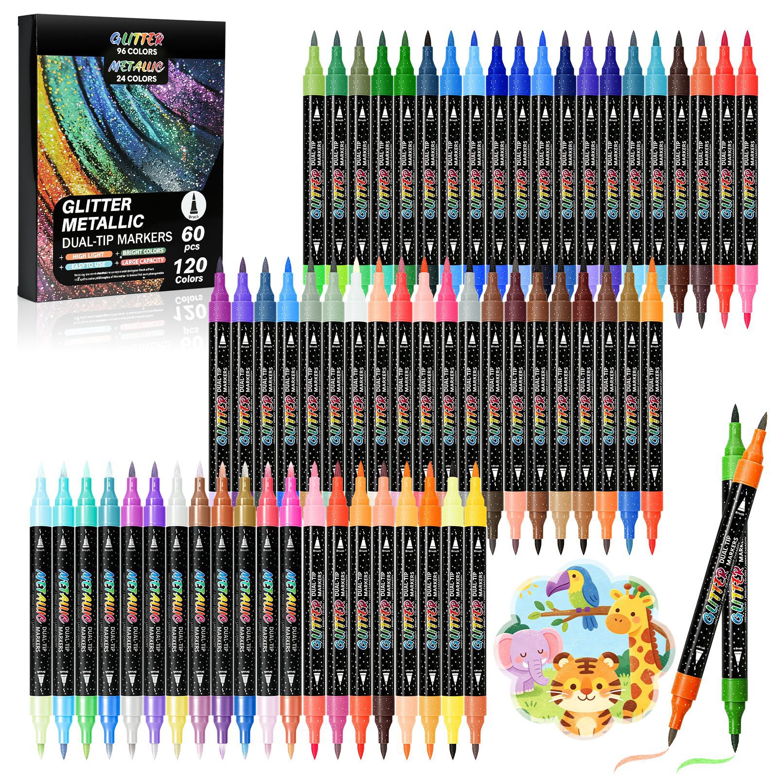 Acrylic Marker Pens 120 Colors Glitter Double-Ended Dual-Color Soft Tip Hand-Drawing Set Cross-Border Factory Ready Stock Available for Dropshipping