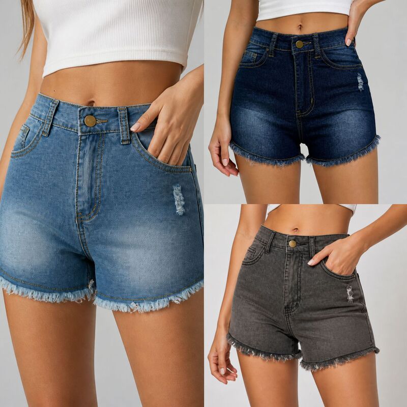 European and American Popular Foreign Trade Elastic Slim-Fit Ripped Fringe Women's Jeans and Denim Shorts European and American Popular Foreign Trade Elastic Slim-Fit Ripped Fringe Women's Jeans and Denim Shorts