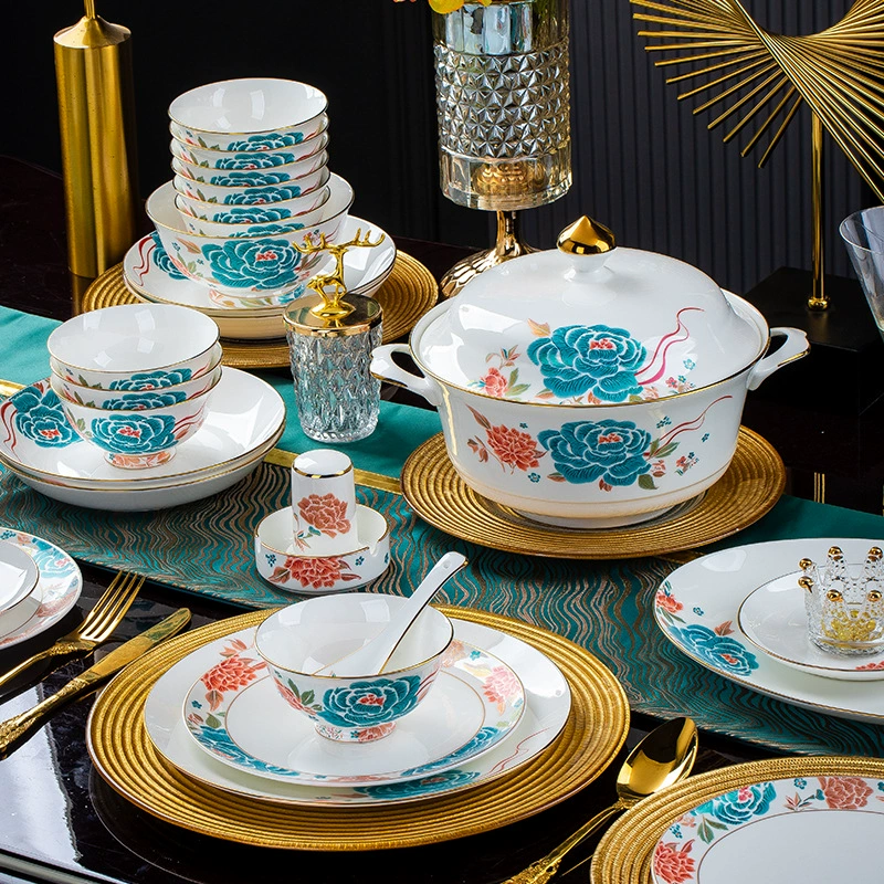 Керамическая миска и тарелка из Jingdezhen, набор посуды для новоселья, при высокой температуре, посуда из костяного фарфора полного набора в китайском стиле, подарок легкая роскошь