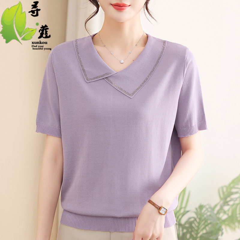 Fashionable Knitted Tops for Moms, Stylish Summer Wear for Women, Casual Short-Sleeve Tops for Middle-Aged and Elderly Women, Summer Clothing