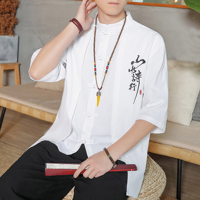 Men's linen short-sleeved shirt, summer loose fit, three-quarter sleeve, Chinese style men's half-sleeve Tang suit, cotton and linen embroidered shirt