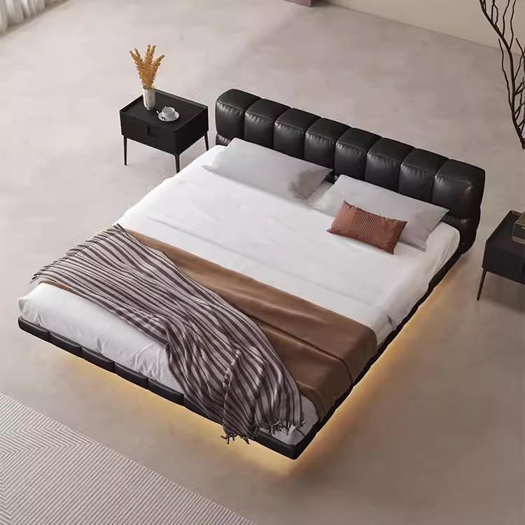 Cama de suspensión minimalista italiana, cama de cuero con tofu negro, cama de cama moderna, cama de cama doble de paquete suave simple