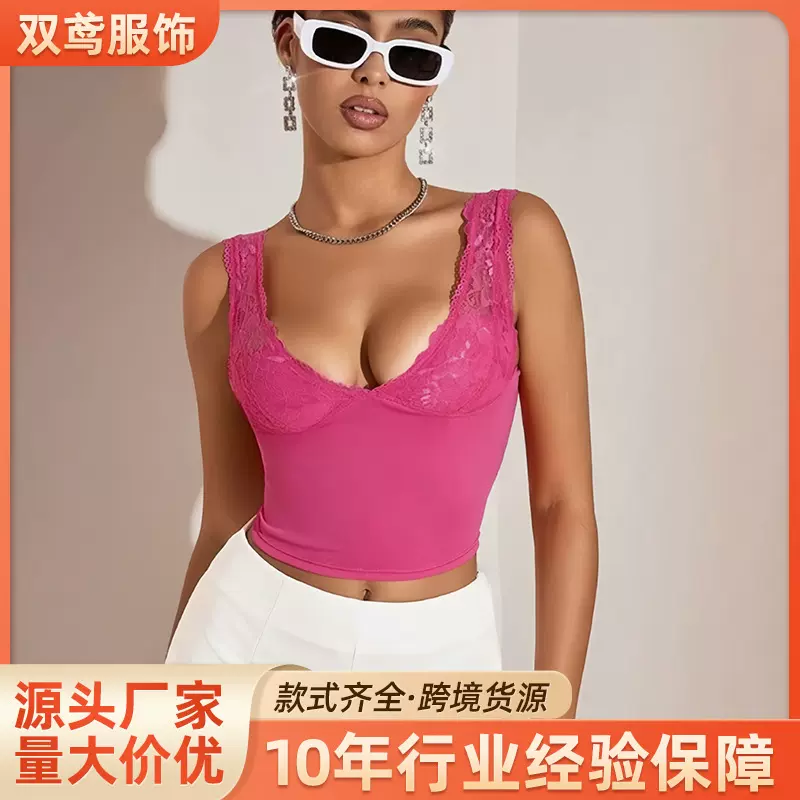 批发新款美风时尚V领蕾丝花边拼接内衣亲肤透气蕾丝露背性感上衣