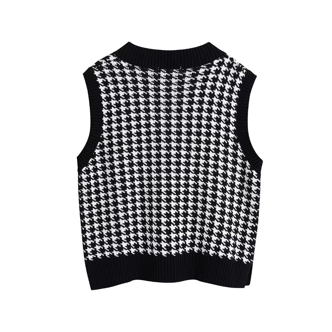 Sleeveless V Neck Houndstooth Knitted Vest NSAM115352