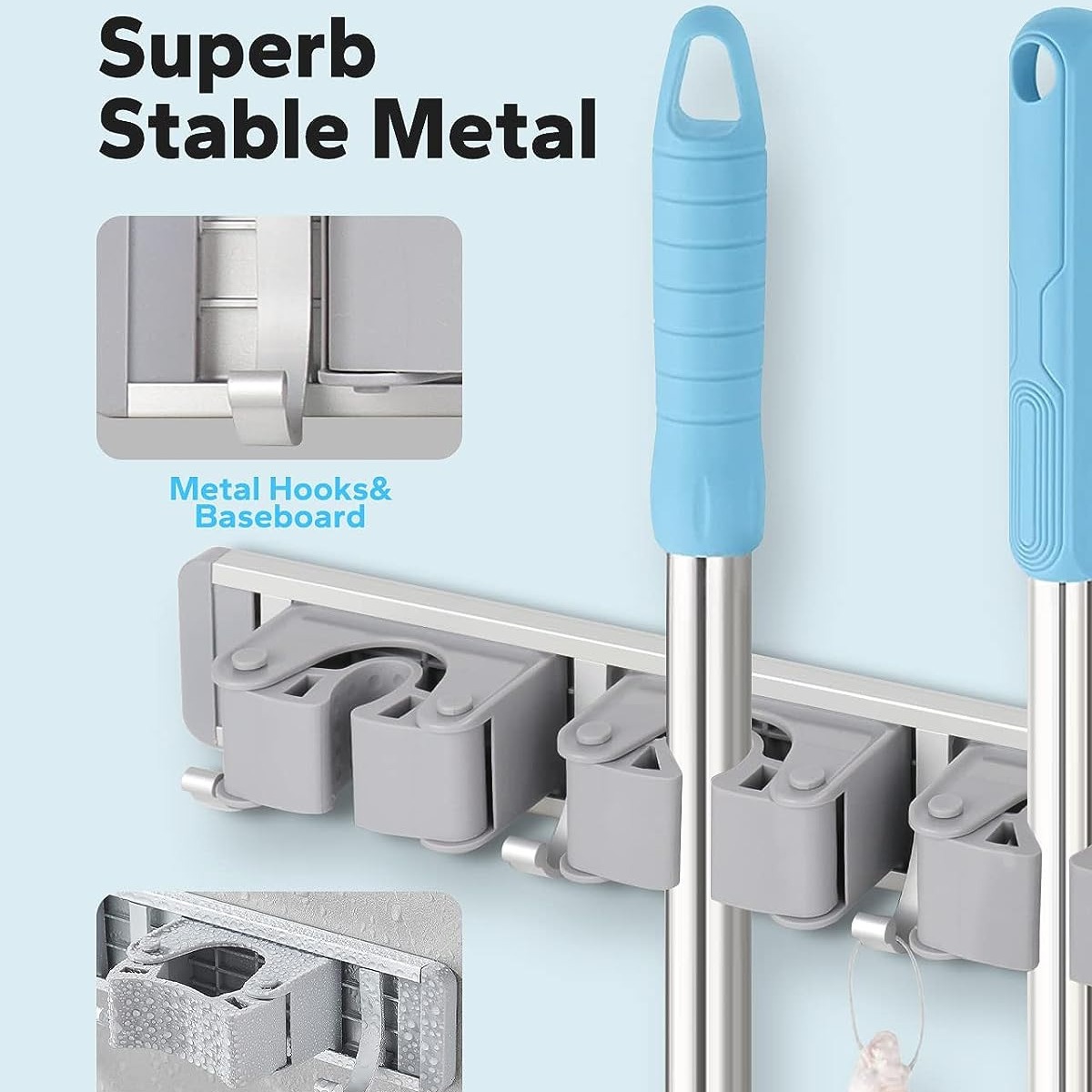 Estante de la fregona de almacenamiento de baño de cocina montado en la pared clip de la fregona espacio libre de aluminio fregona escoba rack de almacenamiento