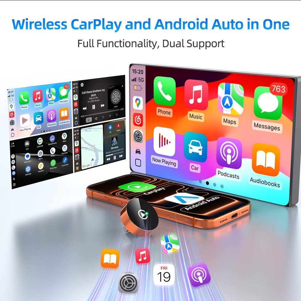 Apple Android 2-in-1 Carplay Box, Round Orange Wireless Car-To-Vehicle Connectivity Conversion Module