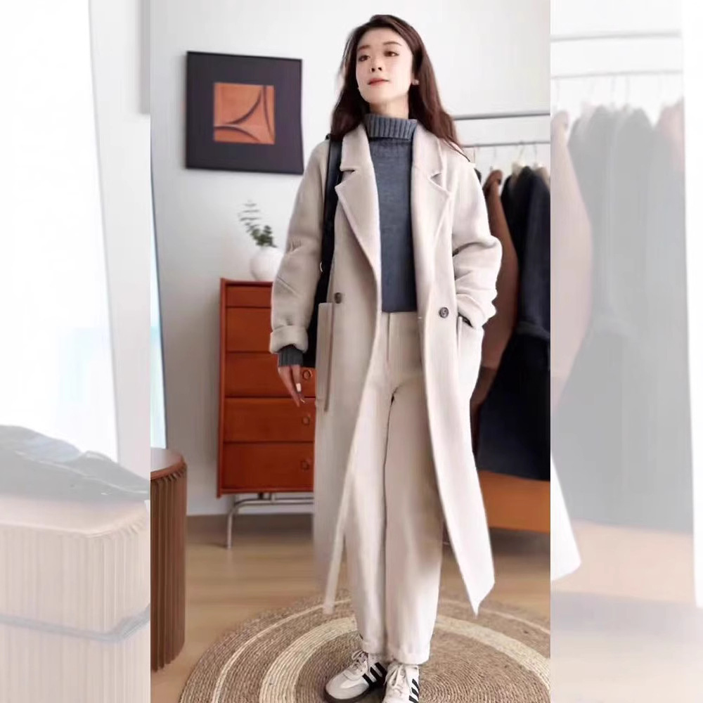 가을과 겨울 새로운 양면 트위드 캐시미어 코트 한국식 패셔너블 루즈 롱 무릎 하이 엔드 트위드 코트