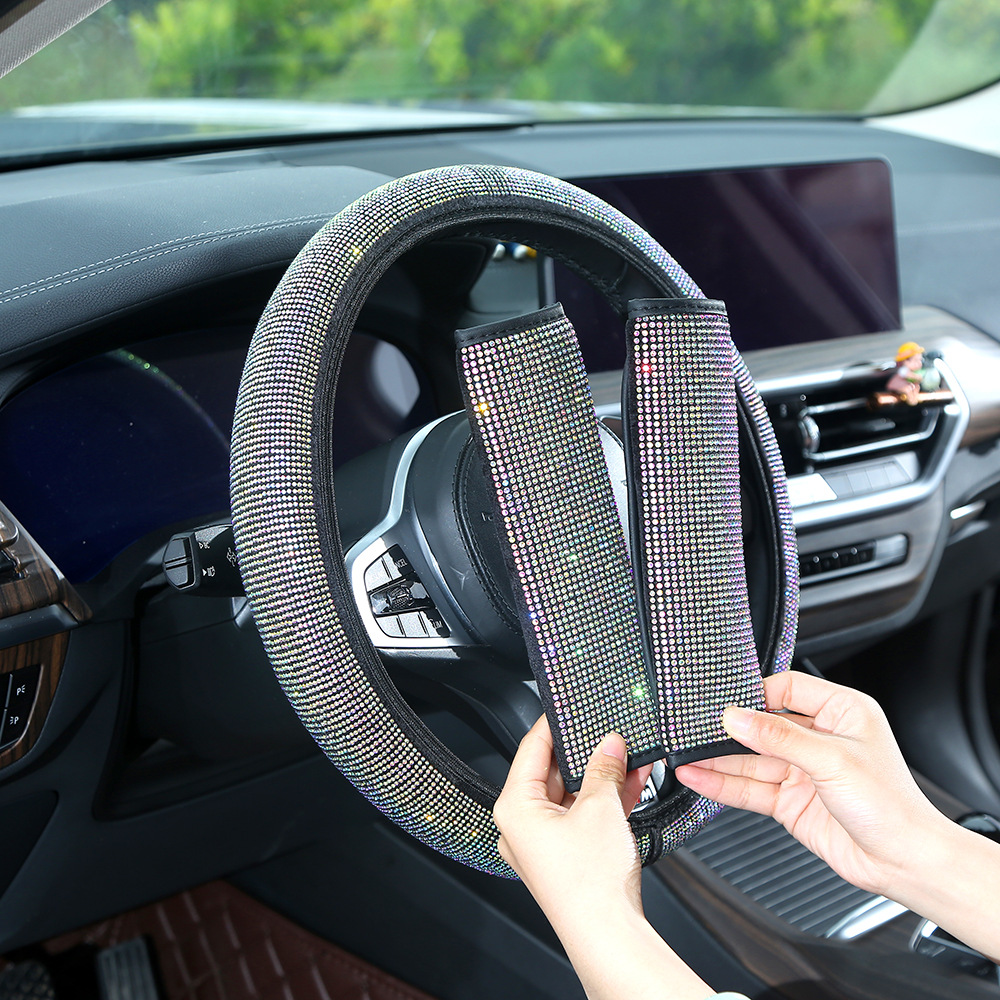 Full-diamond car steering wheel cover, dazzling rhinestone seatbelt shoulder pad, universal for all seasons, rearview mirror protective cover, wholesale
