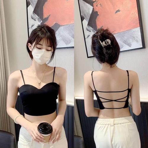 Summer Ice Silk Cross-Shoulder Backless Bralette with Built-in Pads, Seamless Innerwear, Outerwear Bra Top for Women