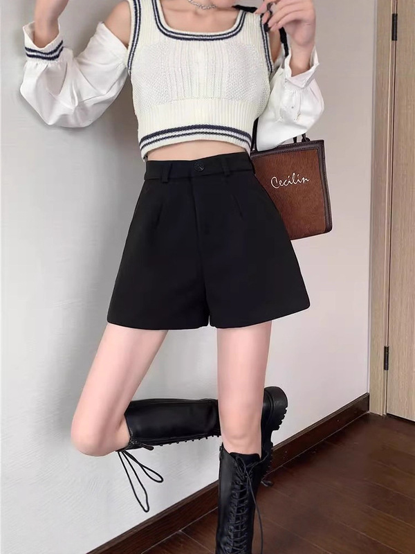 大码毛呢短裤女秋冬新款字休闲阔腿裤斤胖妹妹外穿靴裤显腿长黑色|undefined