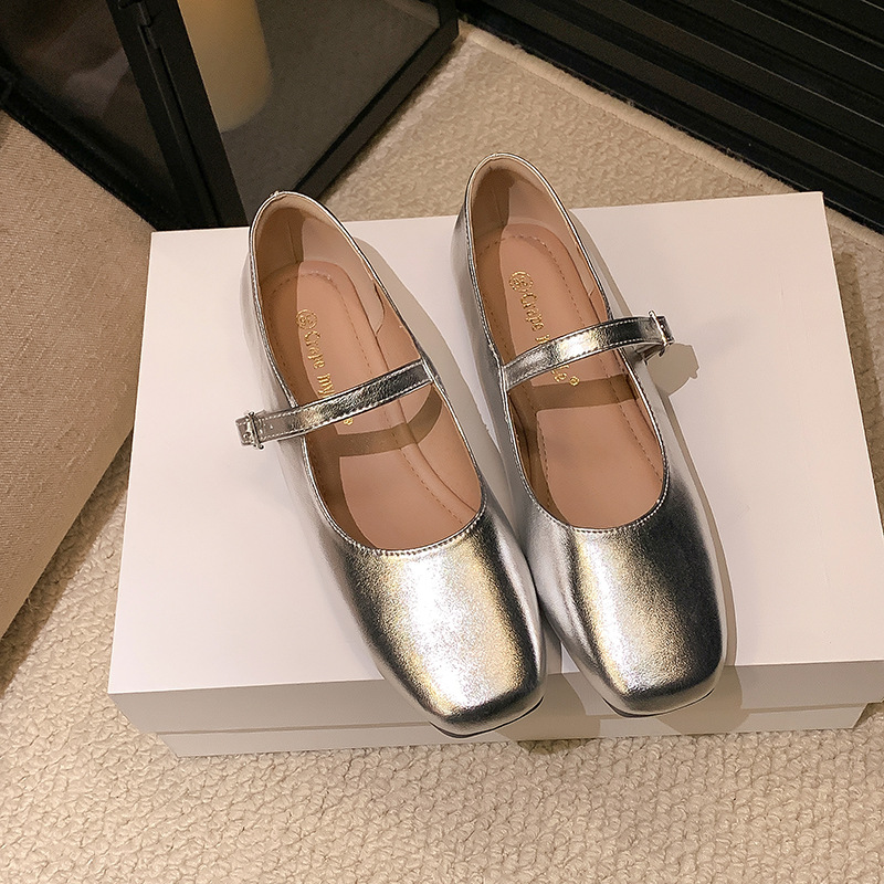 포도 엄마 2024 봄 새로운 프랑스 송아지 가죽 광장 활 발레 신발 여성용 플랫 신발