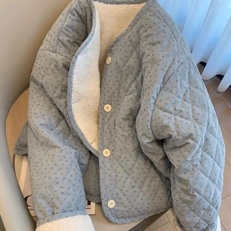 Corduroy Korean-Style Chic Age-Reducing Round-Neck Floral Cotton Jacket for Women, Autumn Loose Versatile Warm Long-Sleeve Cotton Coat Corduroy Korean-Style Chic Age-Reducing Round-Neck Floral Cotton Jacket for Women, Autumn Loose Versatile Warm Long-Sleeve Cotton Coat