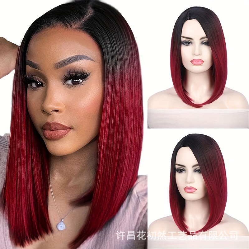 Wig Short Bob Style Gradient Red Wig Right Side Part Straight Wig Air Bangs Bob