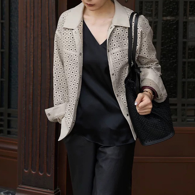 Genuine Leather Jacket Hn5214 Early Autumn Retro Style Sheepskin Perforated Craftsmanship Niche Hollow Casual Shirt Jacket for Women