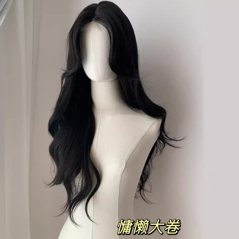Bella Black Wig Women's Full Head Cover Eight-character Bangs Large Wave Curly Hair Long Hair Small Lace Natural Universal